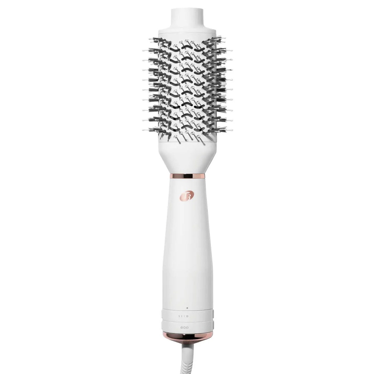 T3 AireBrush One-Step Glättungs- und Volumen-Haartrocknerbürste, weiße runde Trocknerbürste auf weißem Hintergrund