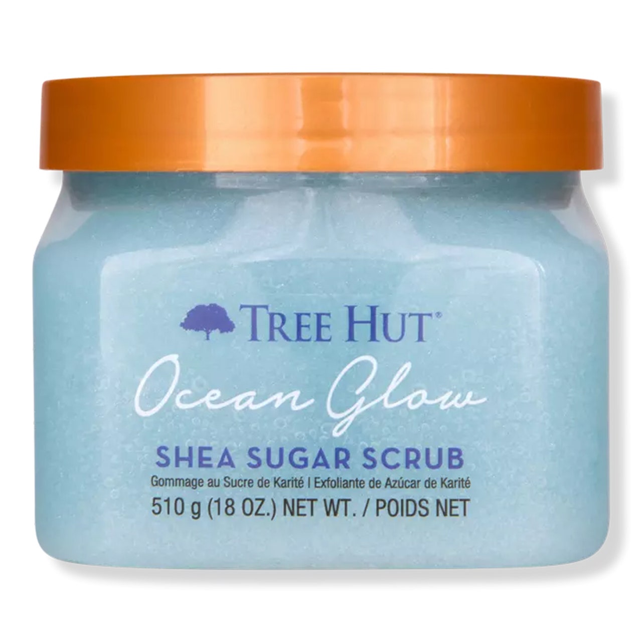 Tree Hut Ocean Glow Hydrating Sugar Scrub Glas mit blauem Körperpeeling mit orangefarbenem Deckel auf weißem Hintergrund