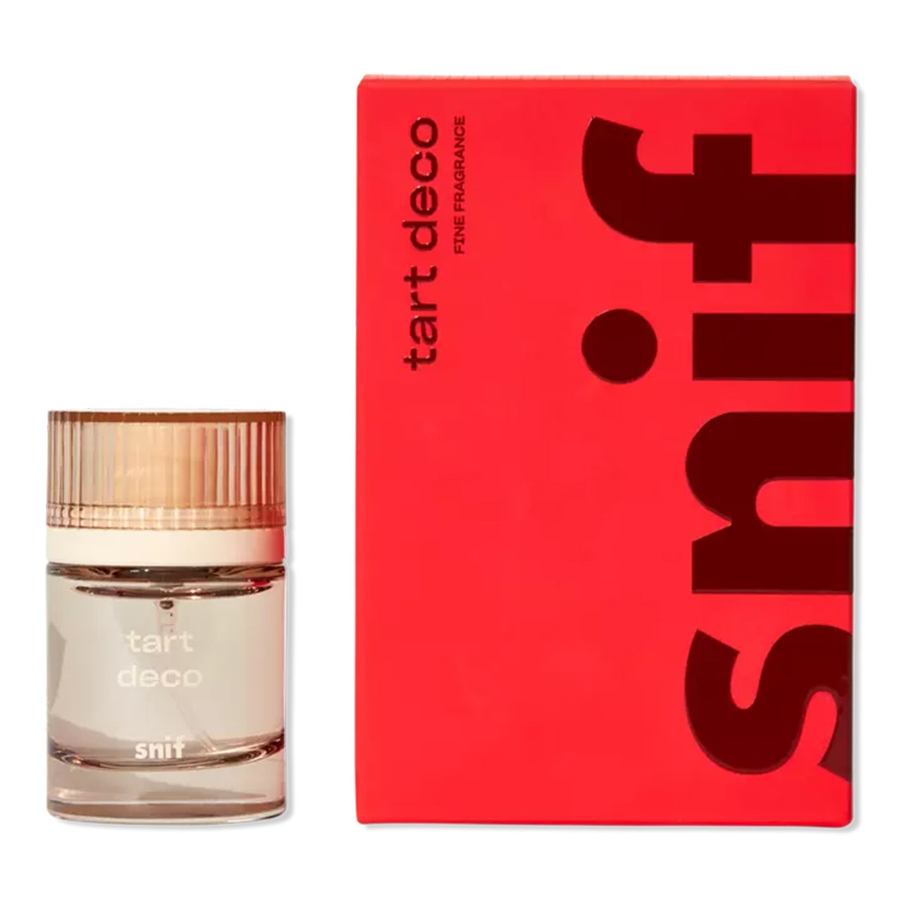 Snif Tart Deco Eau de Toilette hellbraune, transparente Parfümflasche und rote Box auf weißem Hintergrund