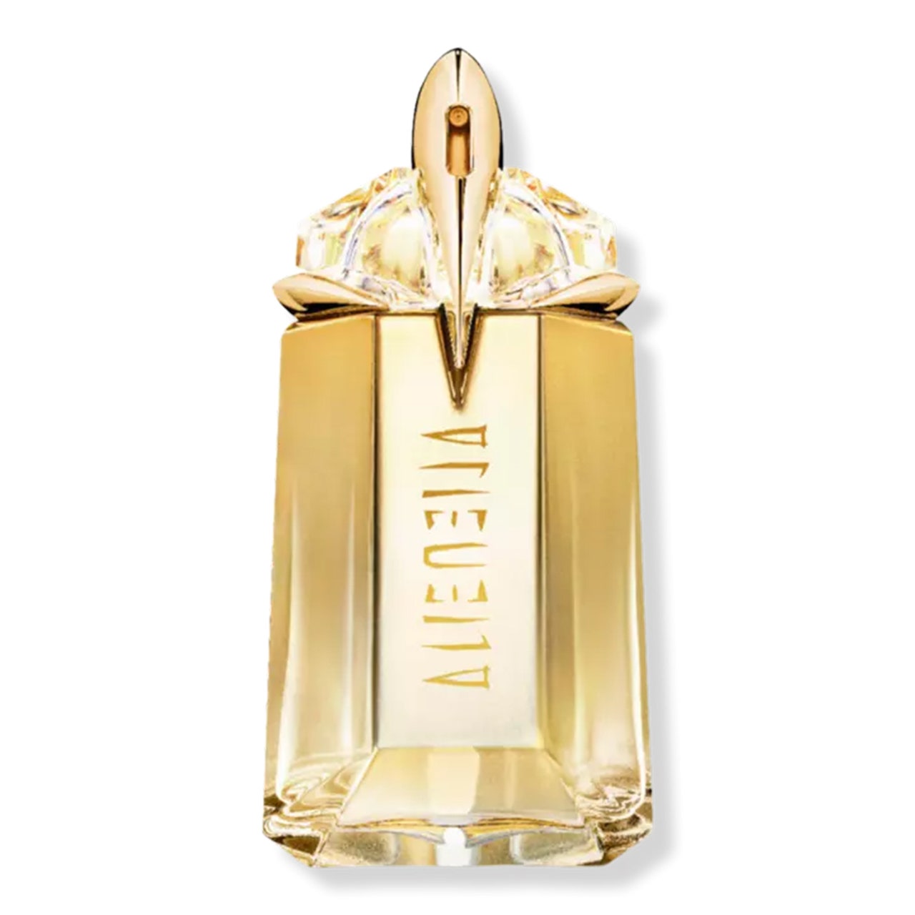 Mugler Alien Goddess Eau de Parfum verzierte goldene Parfümflasche auf weißem Hintergrund