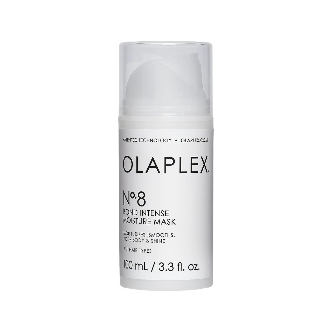 Olaplex No.8 Bond Intense Moisture Mask weißer Kanister mit Pumpdeckel auf weißem Hintergrund