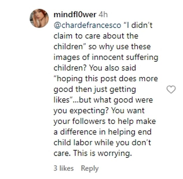 Ein Instagram-Nutzer fragte, warum Char in seinem Beitrag Bilder von leidenden Kindern verwendet habe