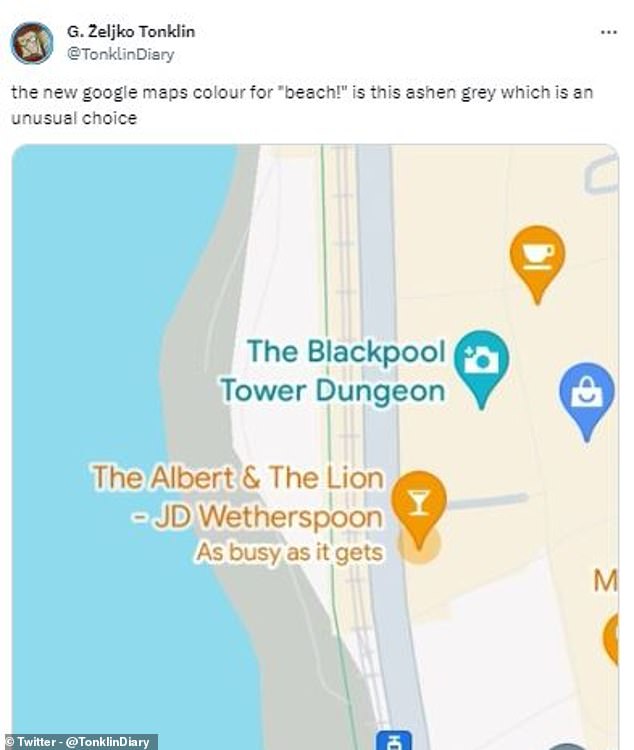 Ein X-Nutzer teilte ein Bild von Blackpool Beach und schrieb: „Die neue Google Maps-Farbe für.“ "Strand!" Ist das Aschgrau, was eine ungewöhnliche Wahl ist?