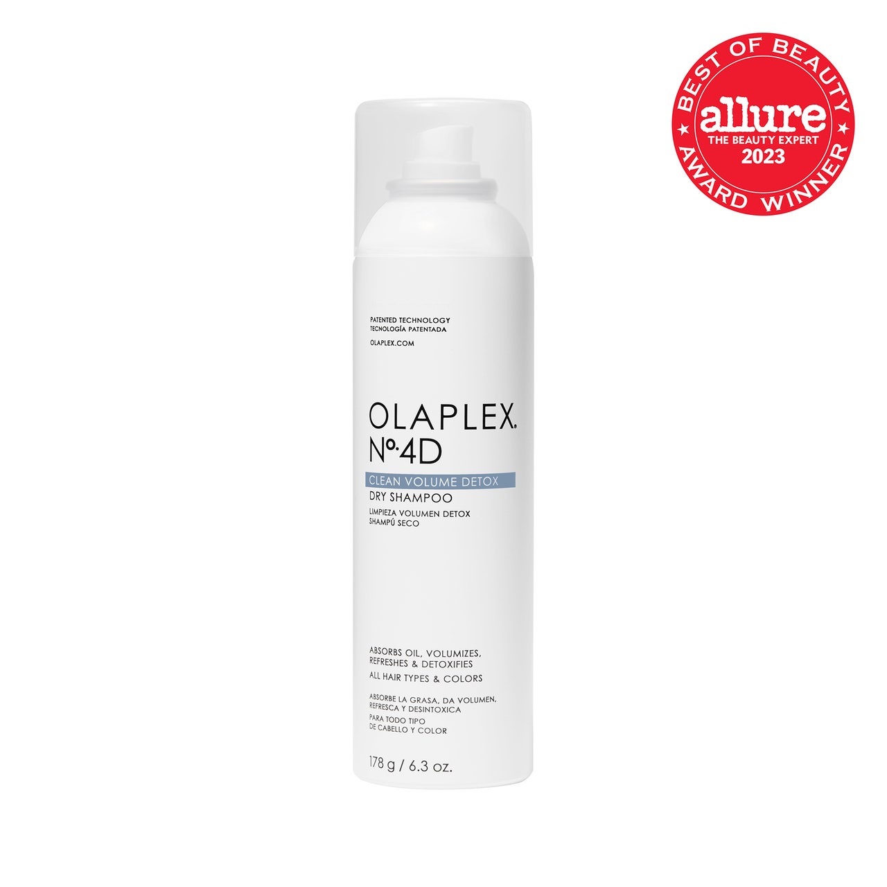 Olaplex Nr. 4D Clean Volume Detox Dry Shampoo, weiße Sprühdose auf weißem Hintergrund mit rotem Allure BoB-Siegel in der oberen rechten Ecke