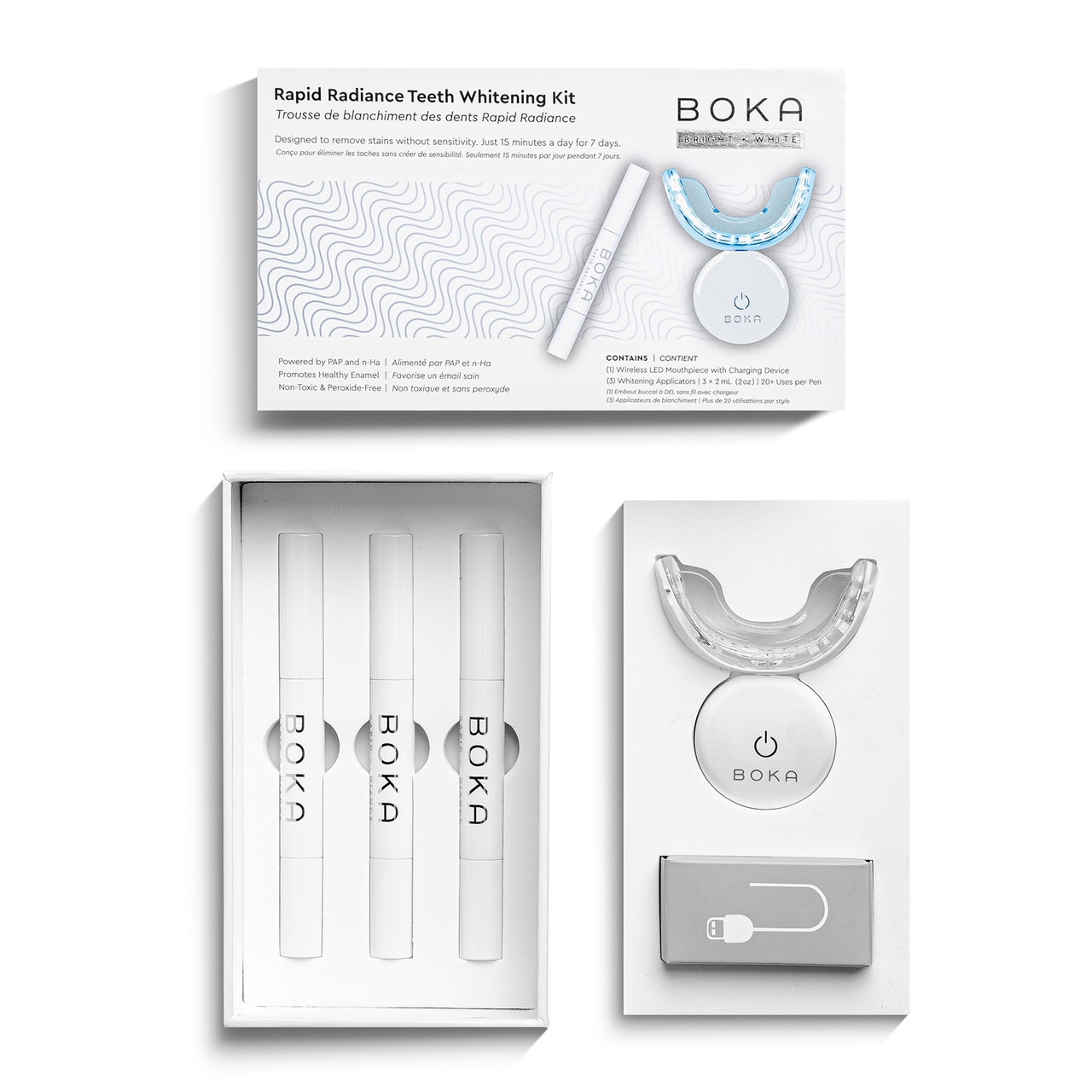Boka Rapid Radiance Teeth Whitening Kit white teeth whitening supply kit on white background