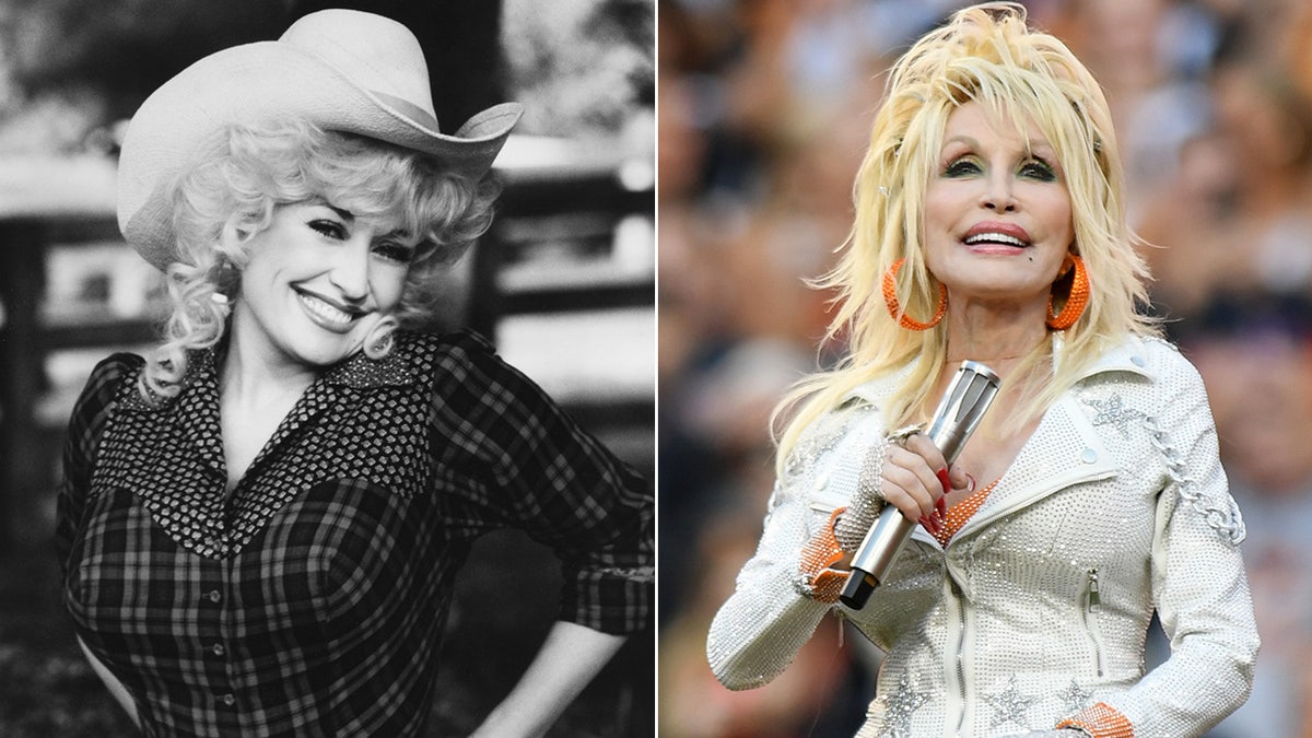 Ein Foto von Dolly Parton damals und heute
