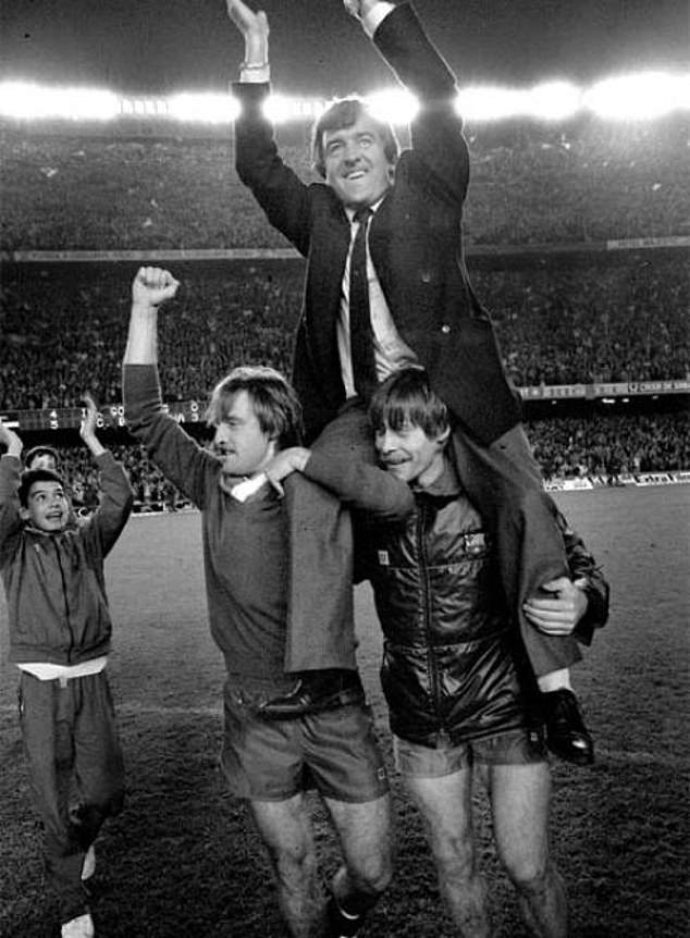A young Pep Guardiola (left) watches as Venables celebrates success with Barcelona