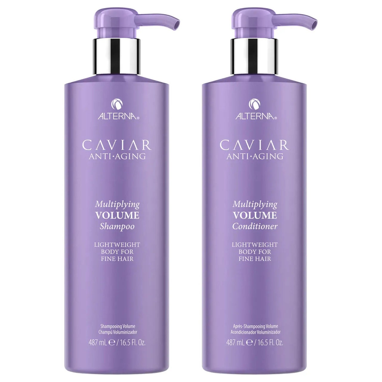 Alterna Caviar Multiplying Volume Large Kit, zwei lila Pumpflaschen mit Shampoo und Spülung auf weißem Hintergrund