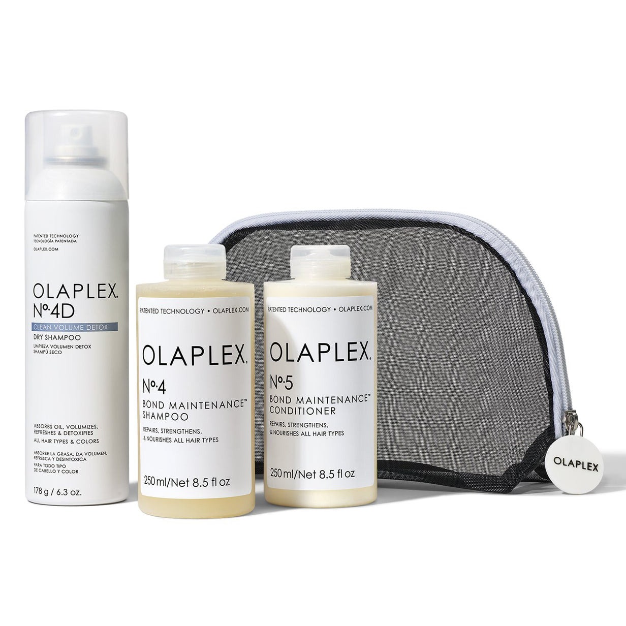 Olaplex Weightless Body Clean Hair Kit, drei Flaschen und Netzbeutel auf weißem Hintergrund