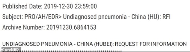 ProMED, ein von Gesundheitsexperten betriebenes weltweites Gesundheitsüberwachungssystem, schlug zunächst Alarm wegen des Auftretens einer weiteren „nicht diagnostizierten Lungenentzündung“ in Wuhan, die sich später zur Covid-19-Pandemie entwickelte