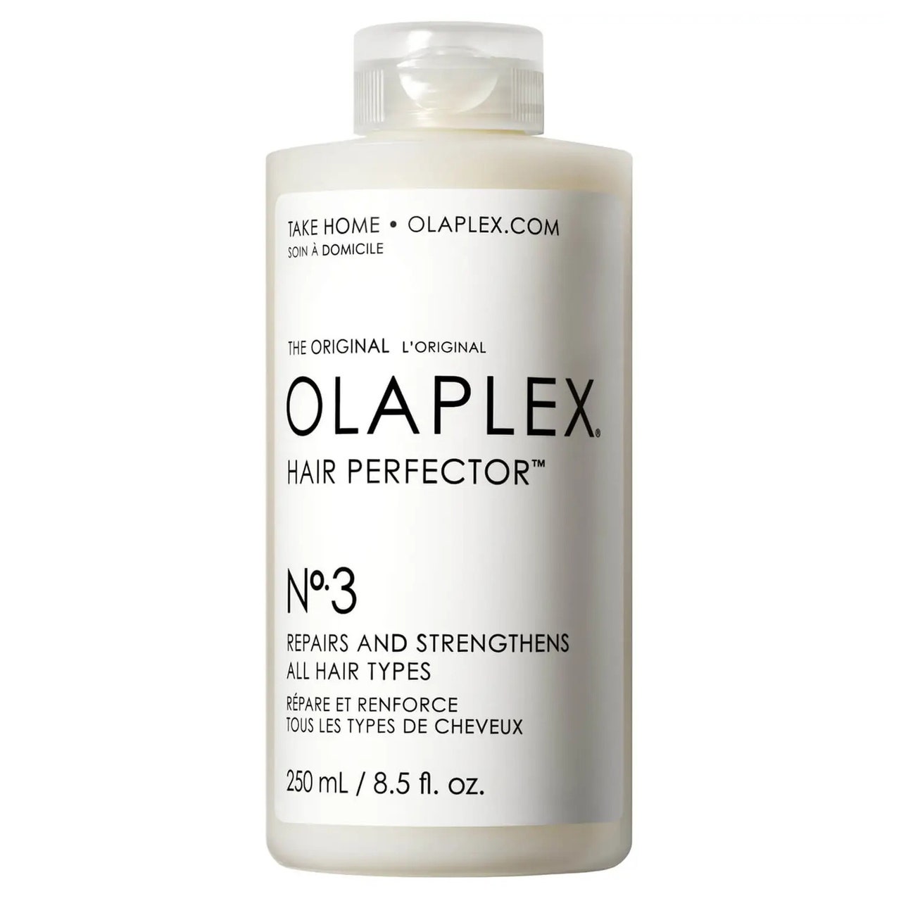 Olaplex No.3 Hair Perfector Supersize weiße Flasche auf weißem Hintergrund