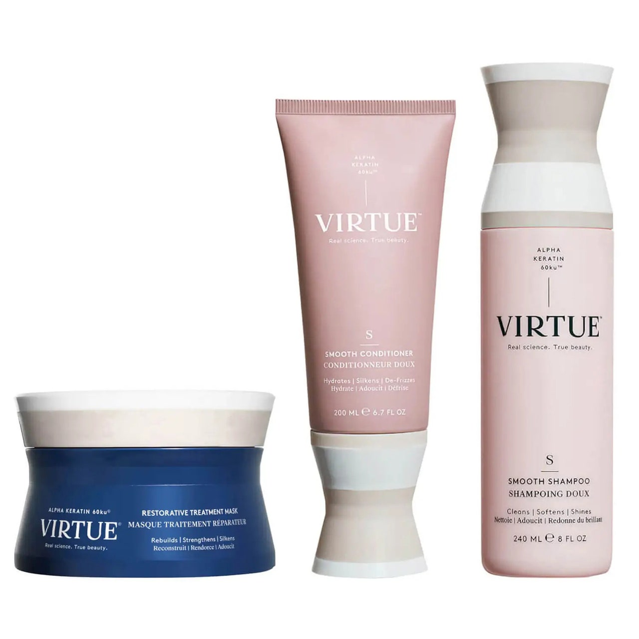 Virtue Smooth Restorative Treatment Set hellrosa und blaue Haarpflegemittelflaschen auf weißem Hintergrund