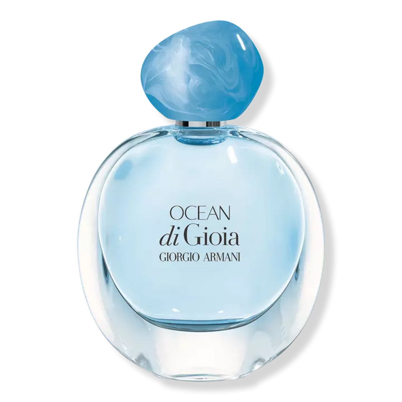 Armani Ocean di Gioia Eau de Parfum runde Flasche hellblaues Parfüm mit blauer Steinkappe auf weißem Hintergrund