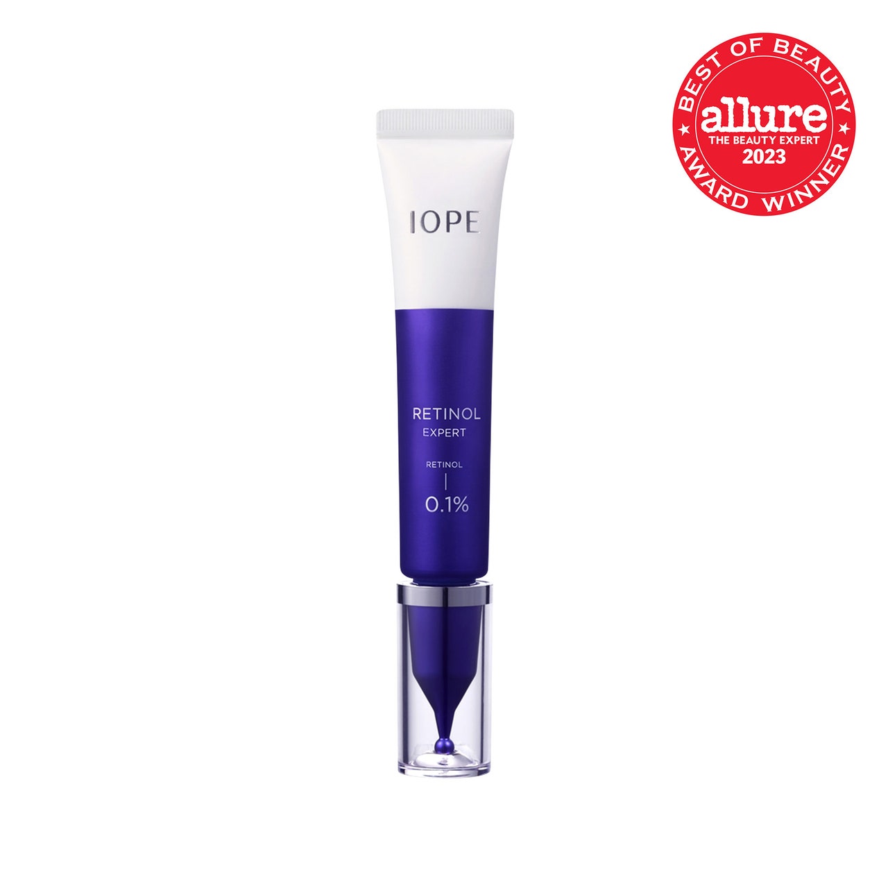 IOPE Retinol Expert 0.1% purple and white tube on white background with red Allure BoB seal in the top right corner