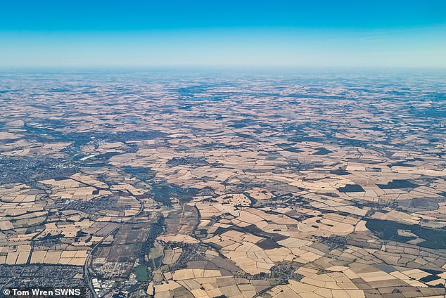 Letztes Jahr hatten wir den trockensten Juli in England seit 1935, was dazu führte, dass 11 der 14 Gebiete der Umweltbehörde in England in den „Dürrestatus“ gerieten.  Im Bild: Eine Luftaufnahme eines Teils des Vereinigten Königreichs zeigt braune Felder, die durch die Hitzewelle verursacht wurden