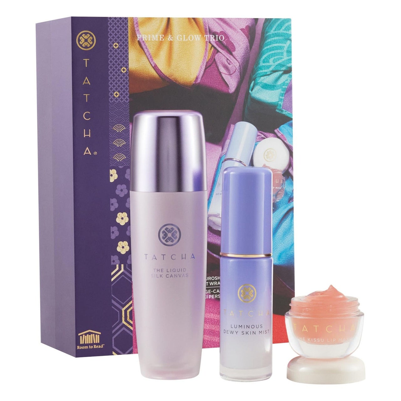 Tatcha Prime + Glow Skincare Trio für Make-up-Liebhaber, lila Box mit drei Produkten auf weißem Hintergrund