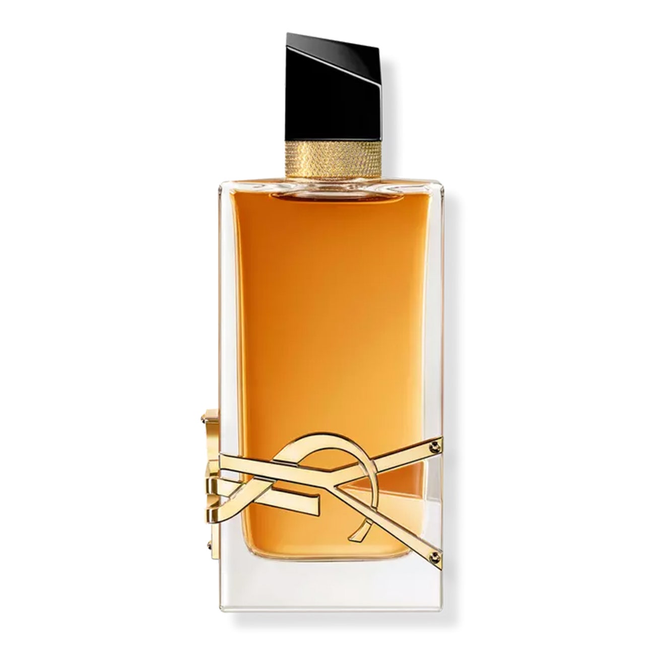 YSL Libre Eau de Parfum. Intensive rechteckige Flasche mit bernsteinfarbenem Parfüm mit schwarzem Verschluss auf weißem Hintergrund