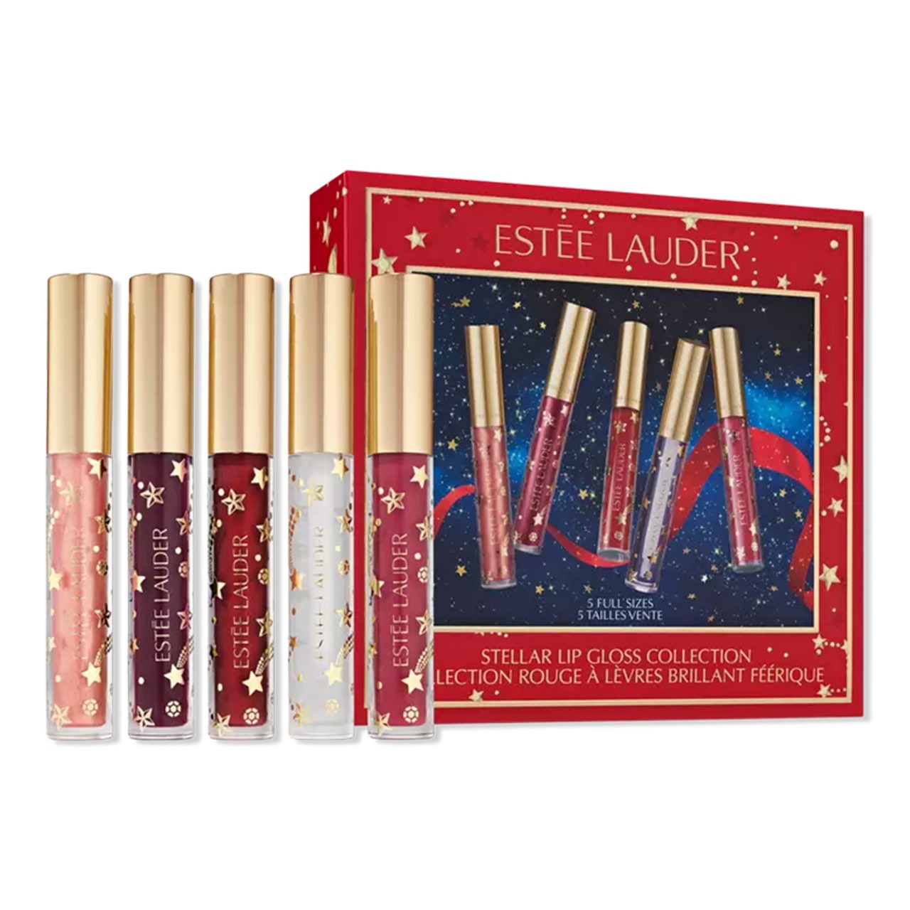 Estée Lauder Stellar Lip Gloss Collection Holiday Makeup Gift Set fünf Lipglosse mit goldenen Kappen und roter Weihnachtsbox auf weißem Hintergrund