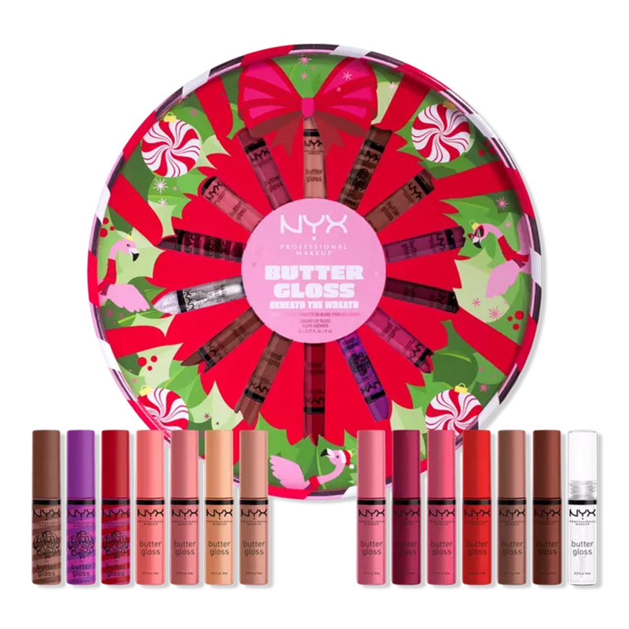 Limited Edition Butter Gloss Beneath The Wreath Lip Gloss Weihnachtsgeschenkset, rote Kreisbox und zwölf Lipgloss auf weißem Hintergrund