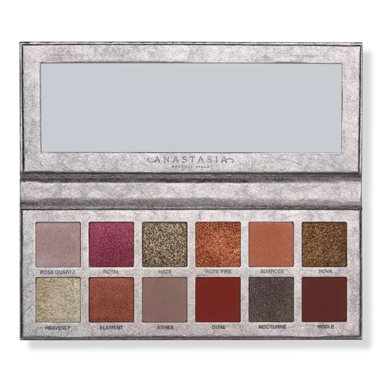 Anastasia Beverly Hills Rose Metals Palette, graue Palette mit 12 schimmernden Lidschatten auf weißem Hintergrund
