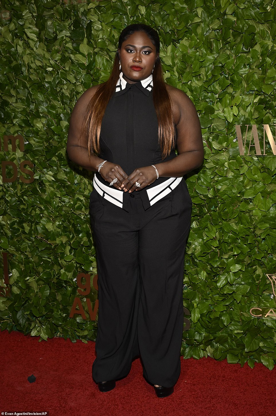 Chic: Orange Is the New Black star Danielle Brooks wore a black and white jumpsuit and silver angel wing ring