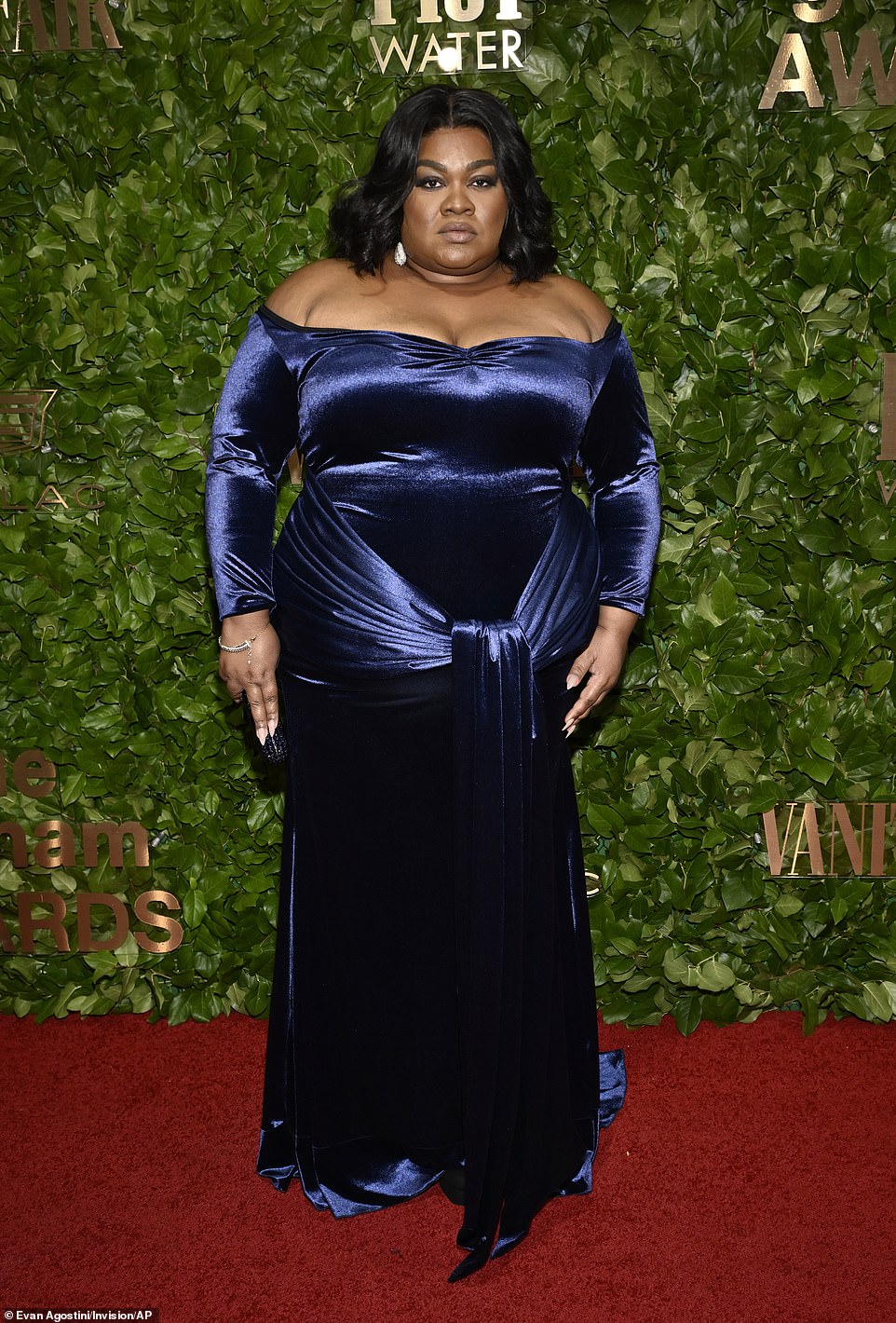 Glamorous: Broadway star, Da'vine Joy Randolph looked absolutely stunning in a blue velvet gown and her hair in loose waves
