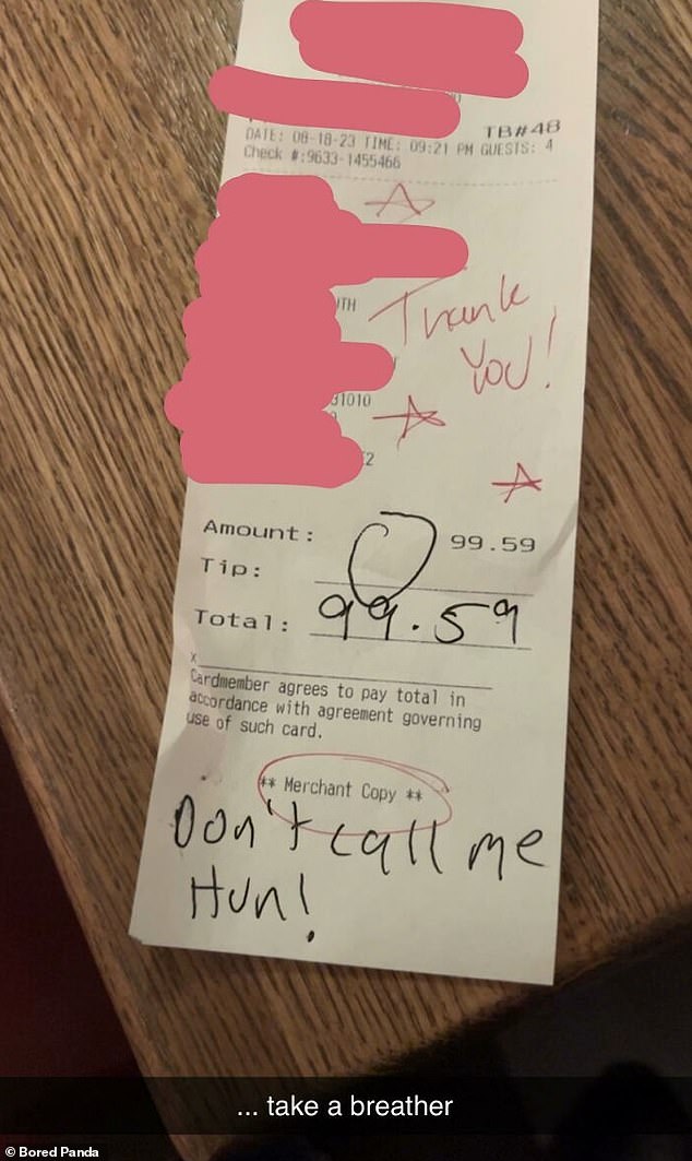 Eine Kundin sagte, sie habe überhaupt kein Trinkgeld hinterlassen, weil der Kellner sie „Hun“ genannt hatte – und sie hatte gewarnt, es nicht noch einmal zu tun