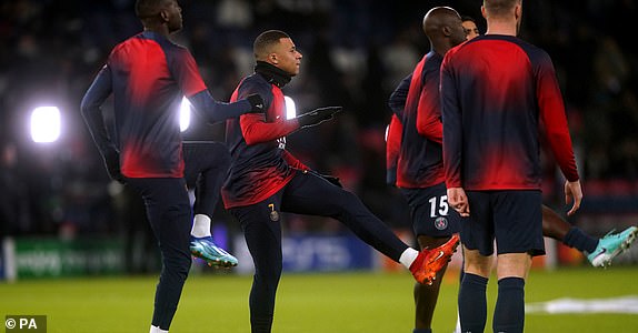 Paris Saint-Germain's Kylian Mbappe (centre) warms up ahead of the UEFA Champions League Group F match at the Parc des Princes in Paris, France. Picture date: Tuesday November 28, 2023. PA Photo. See PA story SOCCER Newcastle. Photo credit should read: Owen Humphreys/PA Wire.RESTRICTIONS: Use subject to restrictions. Editorial use only, no commercial use without prior consent from rights holder.