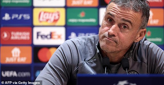 Paris Saint-Germain's Spanish head coach Luis Enrique gives a press conference in Poissy, outside Paris, on November 27, 2023, on the eve of their UEFA Champions League football match against Newcastle. (Photo by FRANCK FIFE / AFP) (Photo by FRANCK FIFE/AFP via Getty Images)