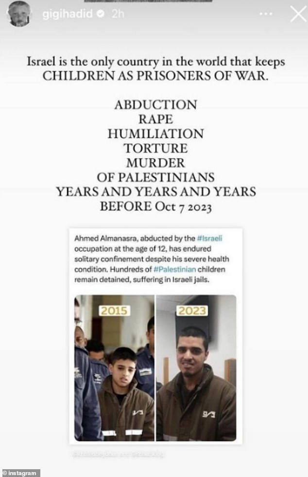 Hadid hat auf Instagram ein Foto gepostet, auf dem der palästinensische Terrorist Ahmed Manasra fälschlicherweise als „kindlicher Kriegsgefangener“ dargestellt wird.