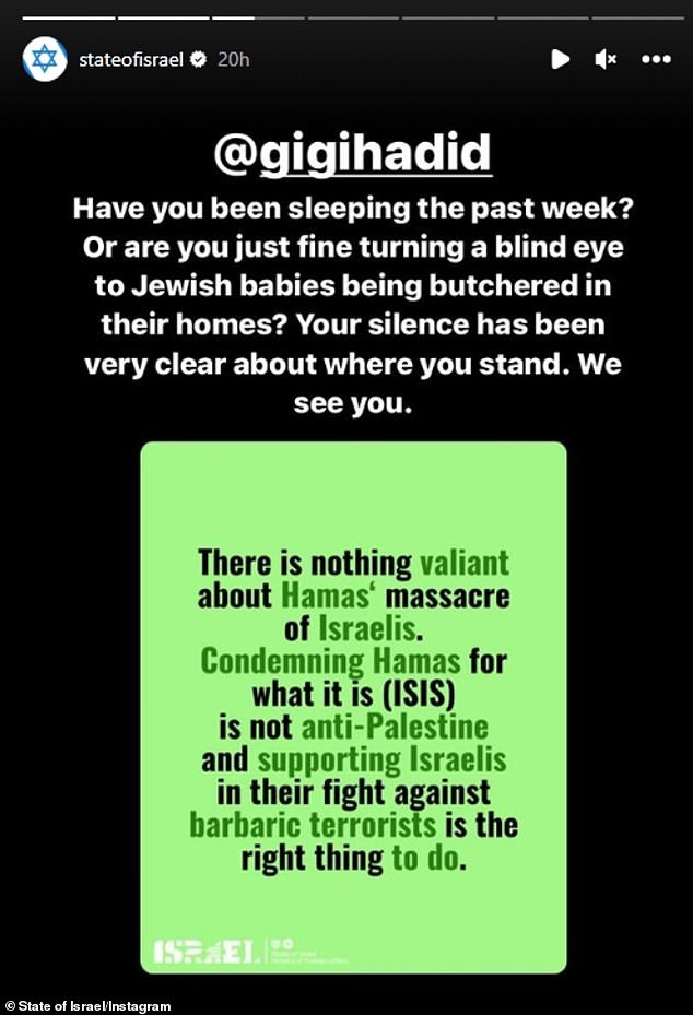 Israels Instagram-Account reagierte auf Hadids Beitrag