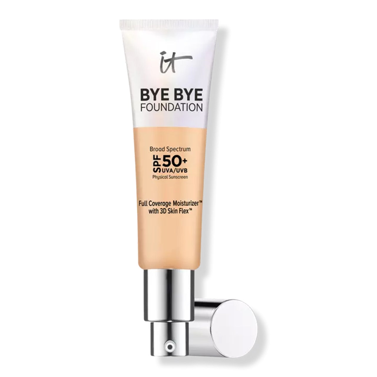 It Cosmetics Bye Bye Foundation Full Coverage Moisturizer mit LSF 50+, weiße und transparente Tube Foundation auf weißem Hintergrund