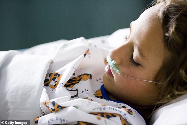 Oben ist ein Archivbild eines Kindes im Krankenhaus mit einem Atemgerät zu sehen