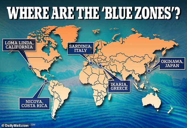 Eine Dokumentation auf Netflix mit dem Titel Live to 100: Secrets of the Blue Zones befasst sich mit fünf Orten mit „Blue Zone“-Status: Okinawa, Japan;  Sardinien, Italien;  Nicoya, Costa Rica;  Ikaria, Griechenland;  und Loma Linda, Kalifornien