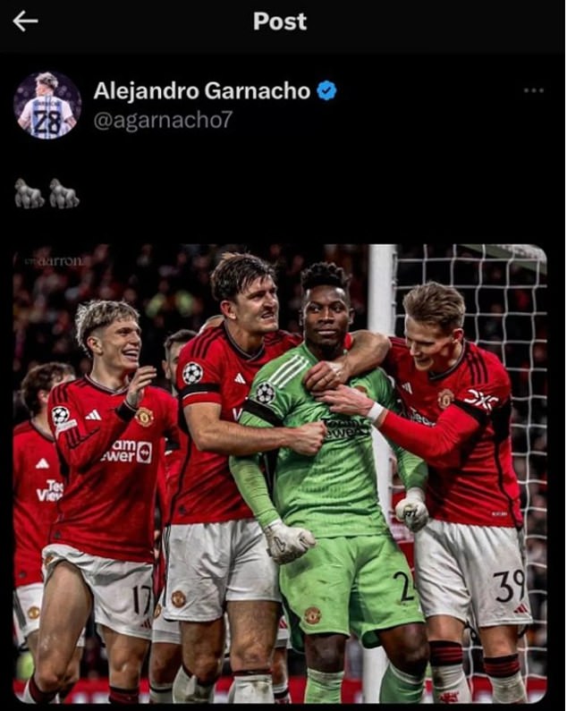 Garnacho postete über seinen Teamkollegen Andre Onana und fügte zwei Gorilla-Emojis hinzu