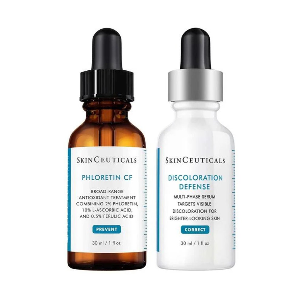 SkinCeuticals Discoloration Duo zwei Serumflaschen auf weißem Hintergrund