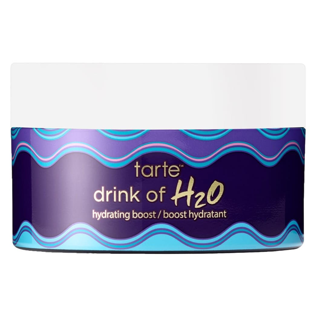 Tarte SEA Drink of H2O Hydrating Boost Moisturizer Glas mit weißem Deckel und lila und blauem Design auf weißem Hintergrund