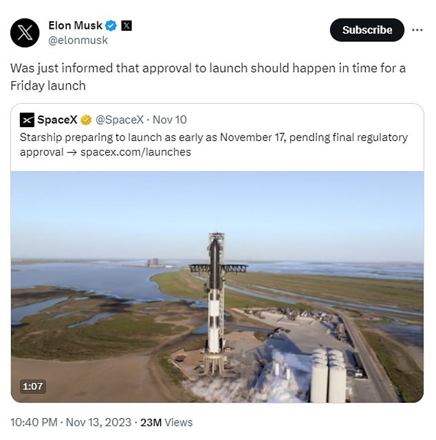 Elon Musk gab am Montag bekannt, dass SpaceX die Genehmigung für einen Starship-Start erhalten hat, der am Freitag starten könnte