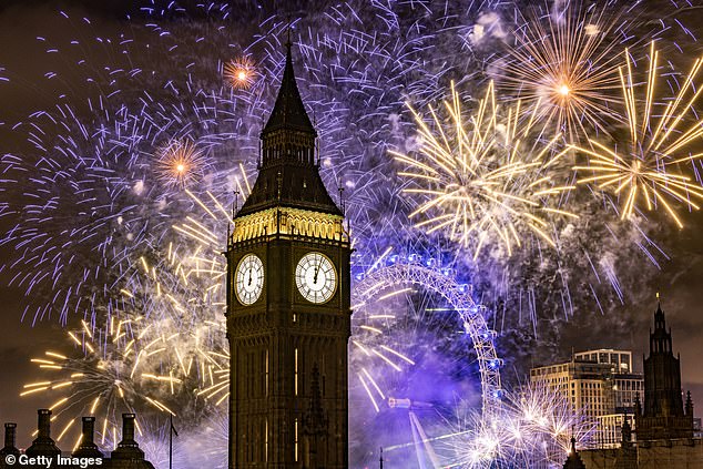 Kurz nach Mitternacht am 1. Januar 2023 erleuchtet ein Feuerwerk die Skyline von London über Big Ben und dem London Eye