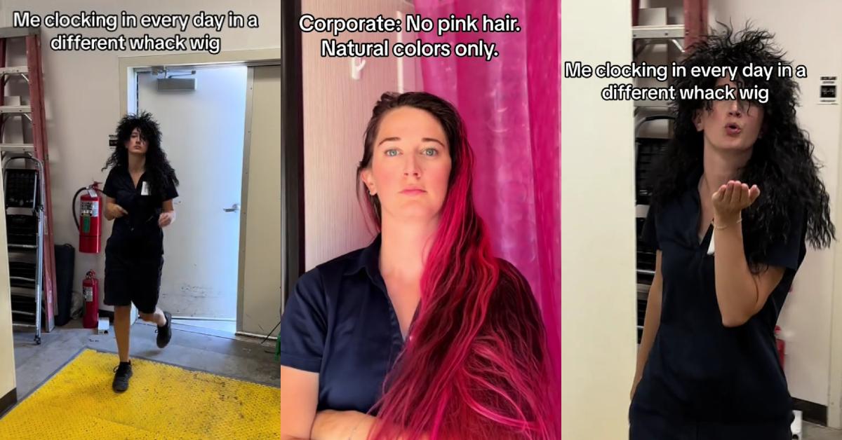 Frau protestiert mit lächerlichen Perücken gegen die Verbotsrichtlinie für rosa Haare am Arbeitsplatz