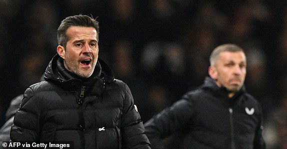 Fulham's Portuguese head coach Marco Silva reacts during the English Premier League football match between Fulham and Wolverhampton Wanderers at Craven Cottage, in London, on November 27, 2023. (Photo by Glyn KIRK / AFP) / RESTRICTED TO EDITORIAL USE. No use with unauthorized audio, video, data, fixture lists, club/league logos or 'live' services. Online in-match use limited to 120 images. An additional 40 images may be used in extra time. No video emulation. Social media in-match use limited to 120 images. An additional 40 images may be used in extra time. No use in betting publications, games or single club/league/player publications. /  (Photo by GLYN KIRK/AFP via Getty Images)