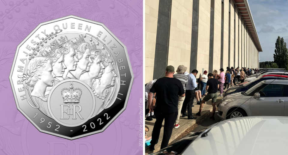 Zusammengesetztes Bild der Gedenkmünze für Königin Elisabeth II. von 2023 und Schlange vor der Royal Australian Mint zum Kaufen. 