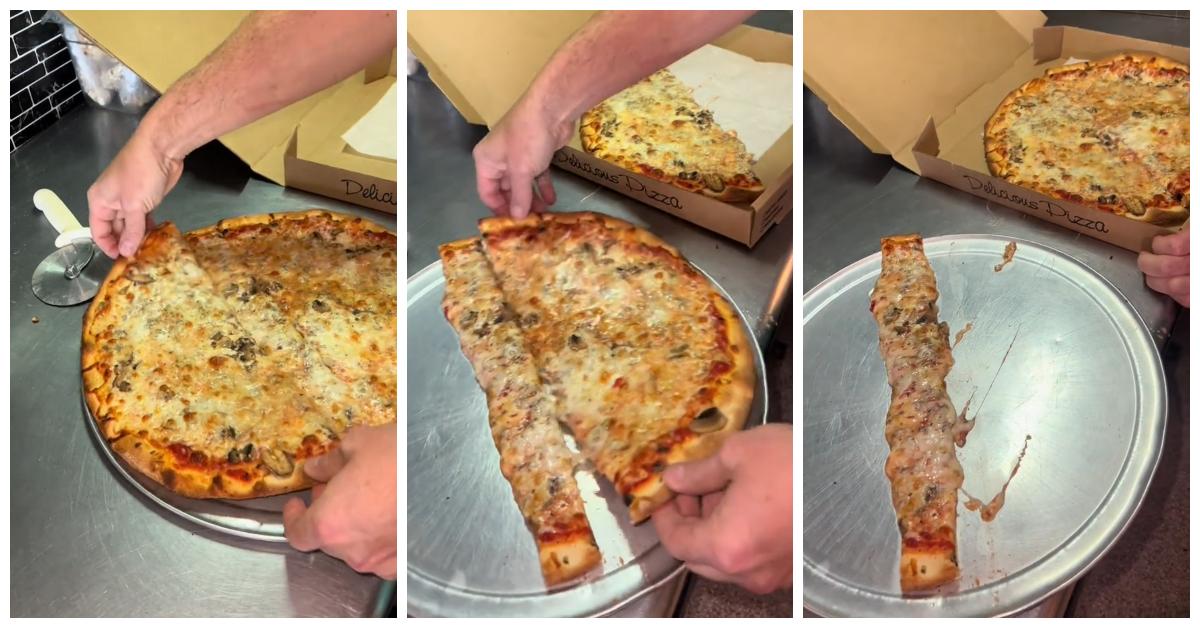 Ein Mitarbeiter einer Pizzeria. Er teilt einen kostenlosen Pizza-Hack