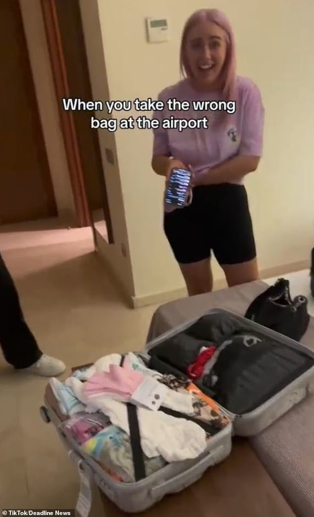 Dies ist der urkomische Moment, in dem eine Urlauberin in Panik geriet, nachdem sie bemerkt hatte, dass sie das Gepäck einer anderen Person am Flughafen abgeholt hatte (Bild: Yasmine ist verstört, nachdem sie den Koffer einer anderen Person abgeholt hatte)