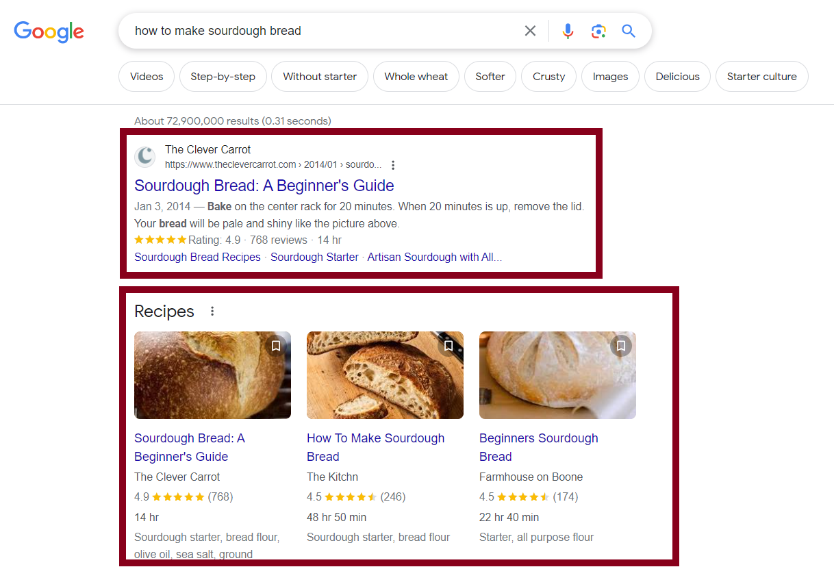Ein Beispiel für zwei organische Einträge auf der Google-Suchergebnisseite.