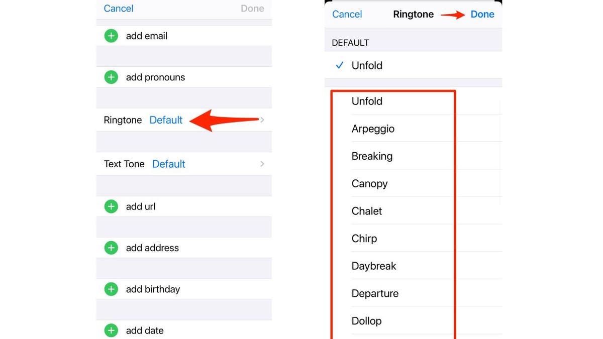 Screenshot der Auswahl eines Klingeltons für einen Kontakt im iPhone