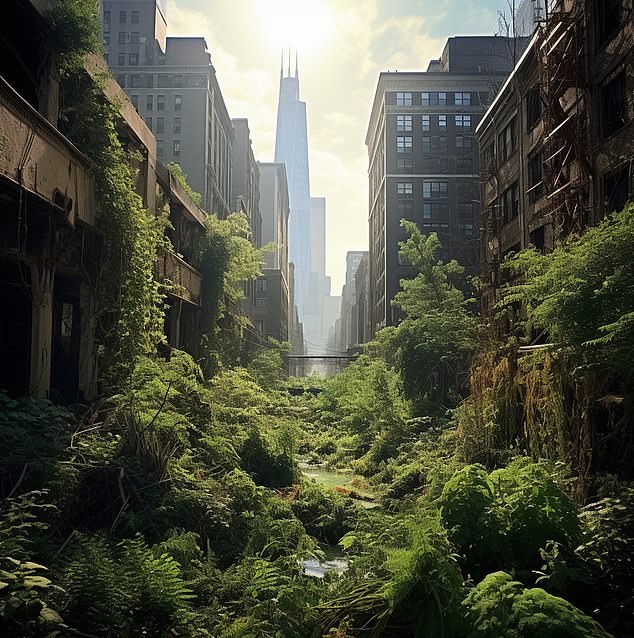 ChatGPT schreibt: „Im Jahr 2123 ist die einst blühende Metropole Chicago ein eindringliches Zeugnis für den Lauf der Zeit und die Widerstandsfähigkeit der Natur.“