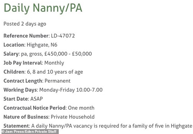 Ein vornehmes Paar aus Highgate im Norden Londons stellt eine Nanny ein, die 50.000 Pfund pro Jahr verdient