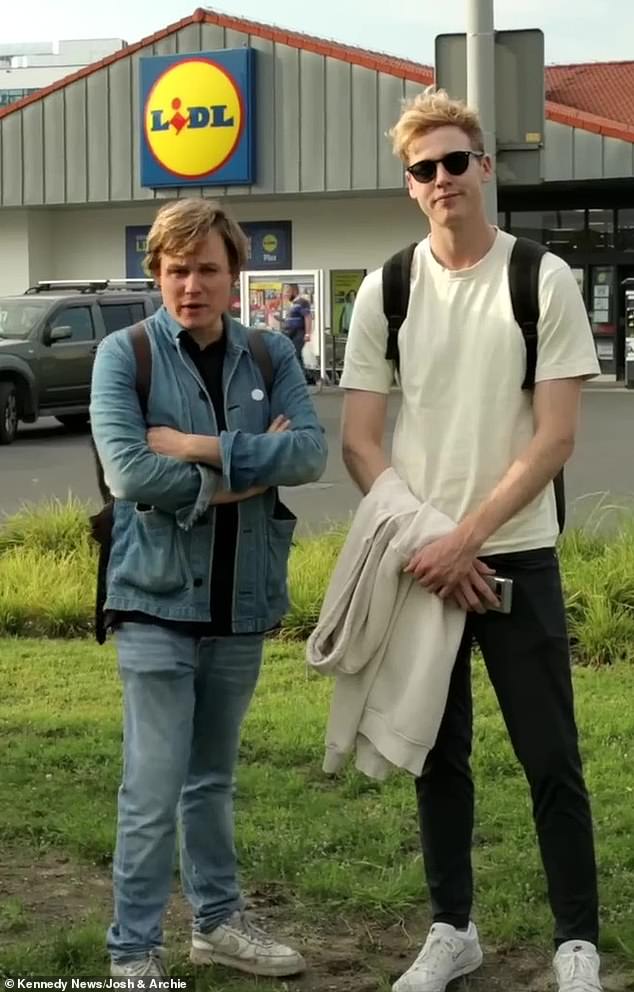 Joshua Pieters  (right), 30, and Archie Manners (left) travelled to Poland to do their weekly shop and claim its cheaper than going to a local supermarket in the UK. Above: Joshua and Archie are pictured outside Lidl in Poznan