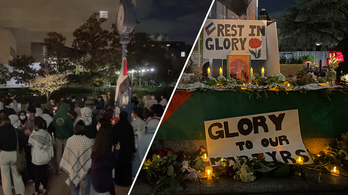 Ein geteiltes Bild mit einer Menge Studenten bei einer Mahnwache auf der linken Seite und einer Nahaufnahme selbstgemachter Schilder zur Feier der palästinensischen Märtyrer auf der rechten Seite.